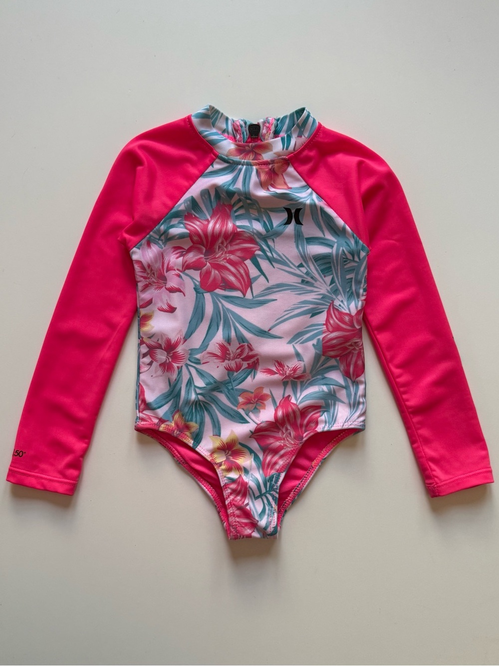 Hurley Girl's Floral One-Piece Long Sleeve Rashguard Swimsuit - Size 3T
